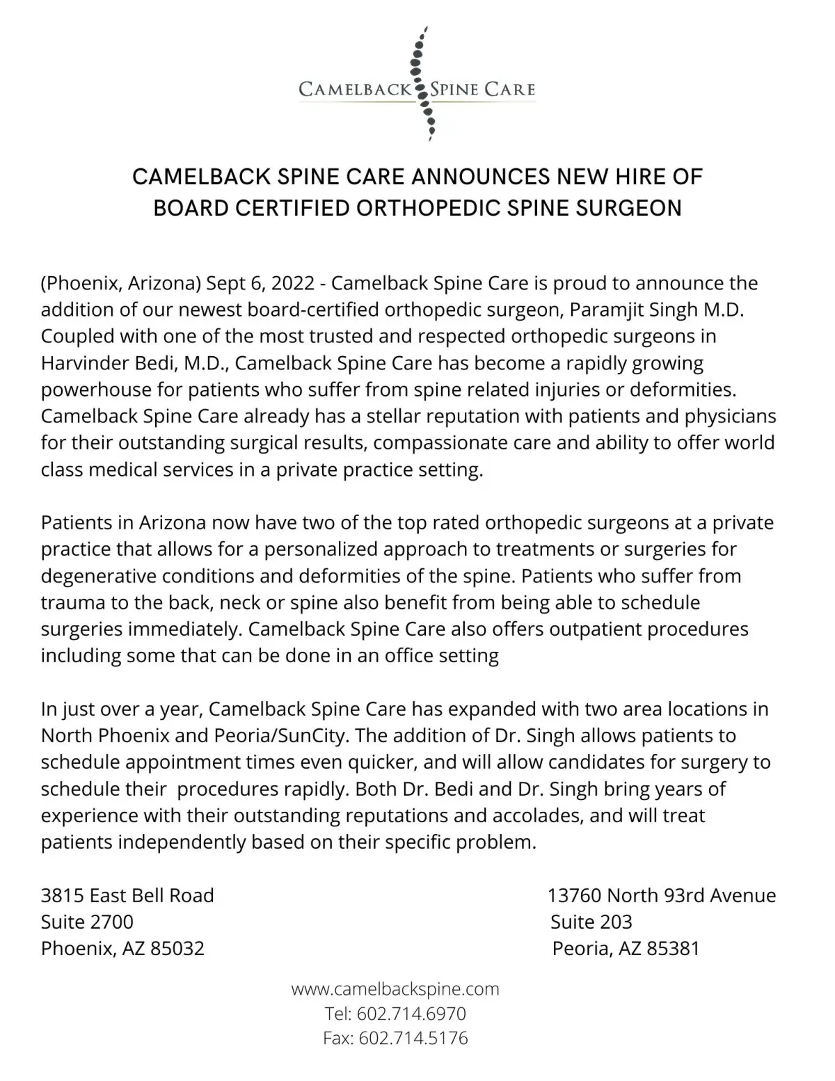 Press Release From Camelback Spine Care