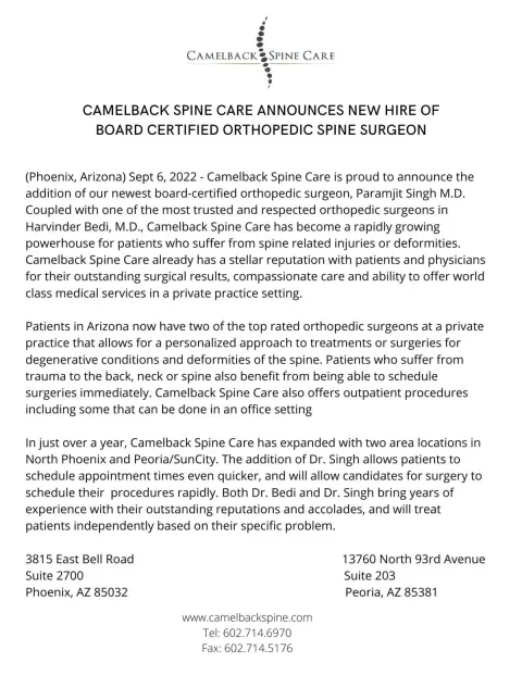Press Release From Camelback Spine Care